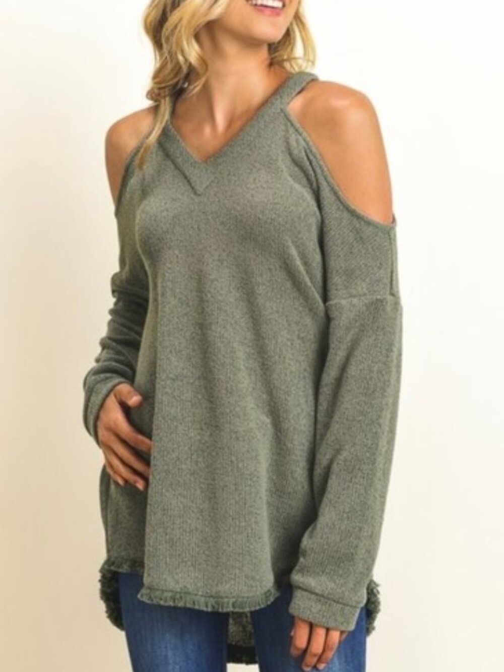 Doe & Rae Chelsea V-Neck Sweater in Juniper Green